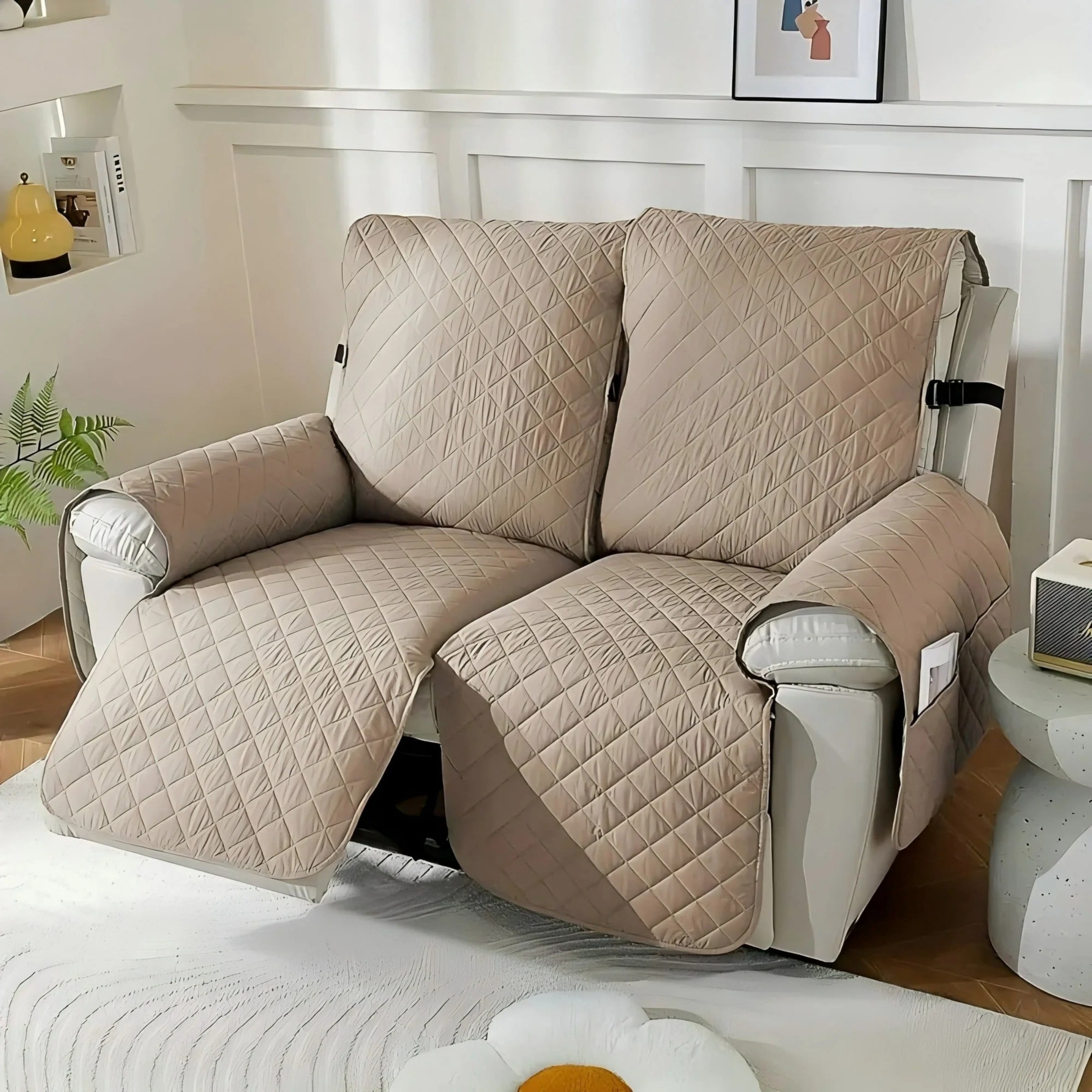Lavish Cover 100% Waterproof Recliner Loveseat Cover, 2 Pieces Non-Slip Recliner Couch Slipcovers, Washable Furniture Protector with Pockets & Elastic Straps for Kids Pets, 2 Seaters, Light Coffee