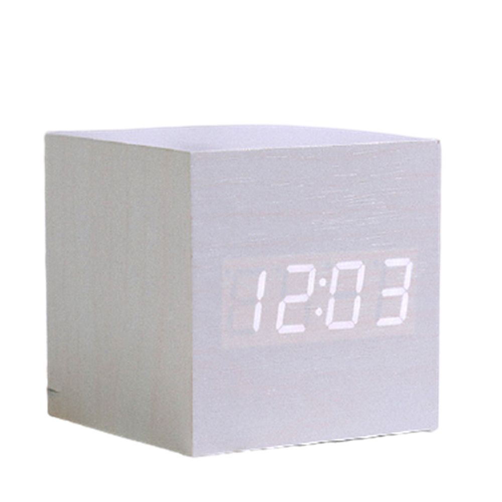 Thermometer Square Mini Digital Clock Wooden Clock Desktop Cube WHITE