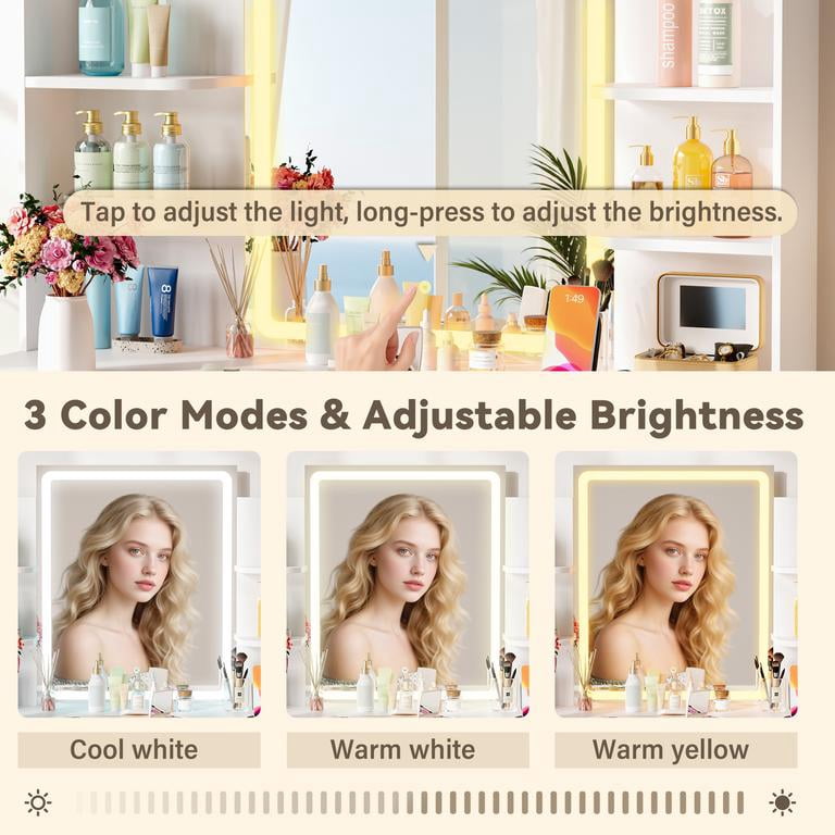 Lacoo Makeup Vanity Set with Lighted Mirror & Storage Stool, 3 Color Dimmable LED Dressing Table with Drawers & Shelves for Bedroom, White