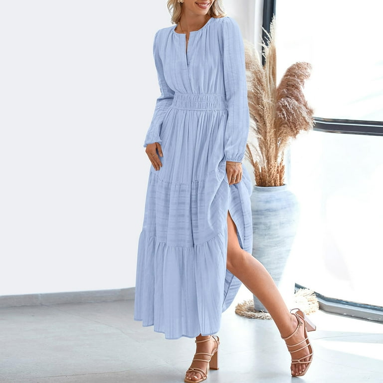 Felirenzacia Women's Long Sleeve Maxi Dress, V Neck Tiered A Line Dress with Puff Sleeves, Light Blue Elegant Flowy Ankle Length Work Casual Dress - Walmart.com Felirenzacia Women's Long Sleeve Maxi Dress, V Neck Tiered A Line Dress with Puff Sleeves, Light Blue Elegant Flowy Ankle Length Work Casual Dress - Walmart.com