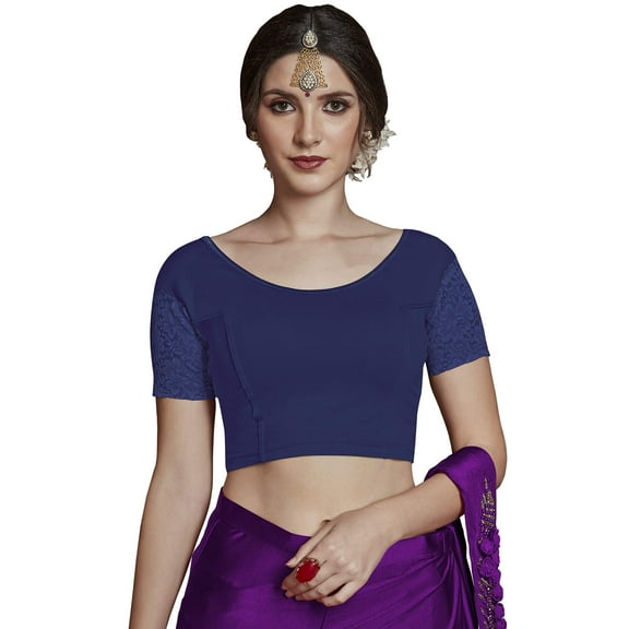 Crazy Bachat Women's Designer Royal Blue Net Cap Sleeve Stretch Blouse for Saree Crop Top.