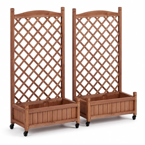 Raised Garden Bed with Trellis 2 Pack, Wooden Planter Box with Climbing Support, Mobile Elevated Garden Planter with Wheels & Drainage Holes for Flowers, Vegetables, Herbs, Outdoor Patio Backyard
