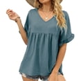thumbnail image 2 of Mujeres Cuello redondo Sólido Escote en V Camisetas Manga corta con volantes Camiseta Blusa Loose Fit Peplum Tops Fridja bn7396, 2 of 8