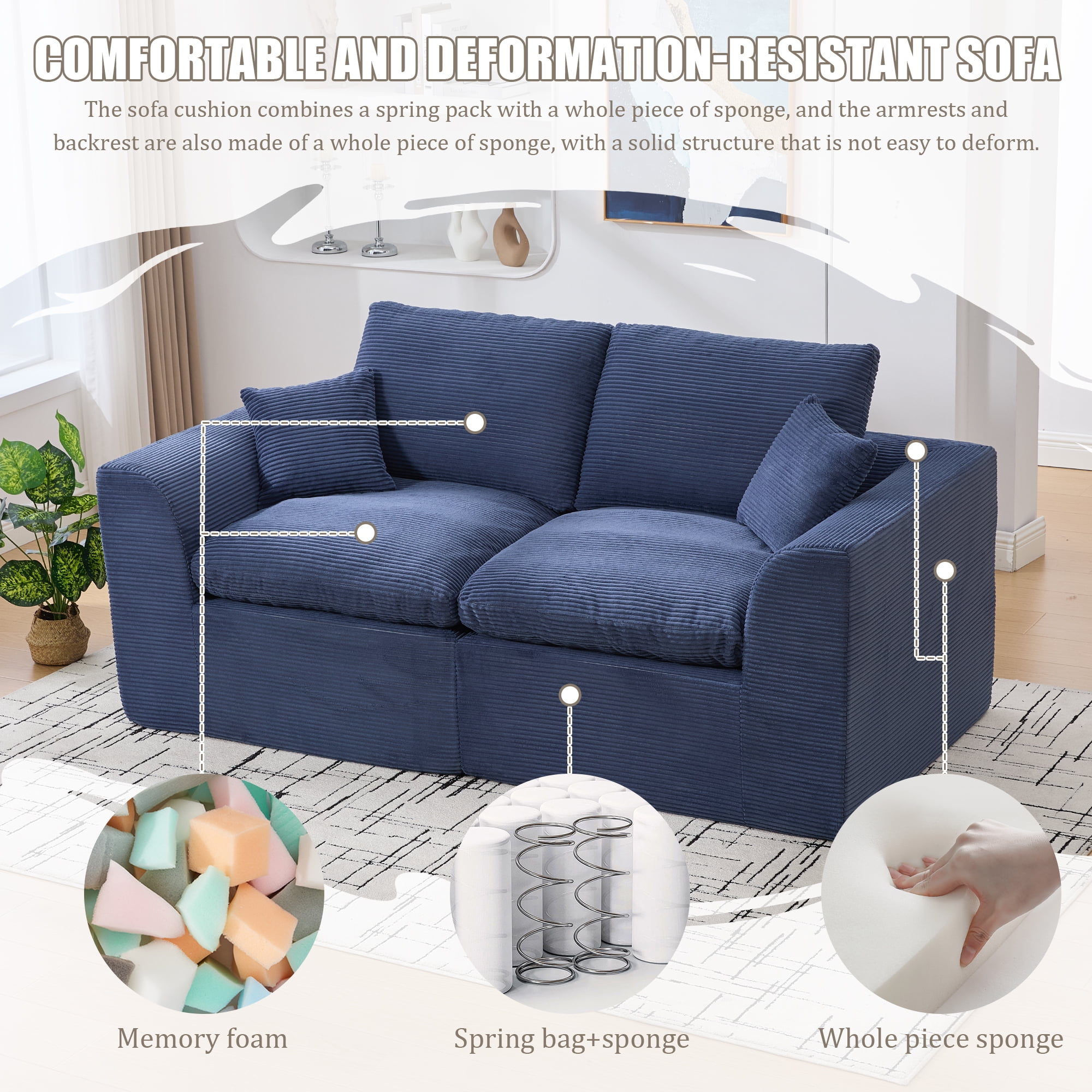 Leumius 80" Cloud Couch,Modern 2 Seater Sofa with Pillow,Upholstered Corduroy Fabric Modern Loveseat for Living Room Bedroom Apartments Dorms,No Assembly Required,Navy Blue