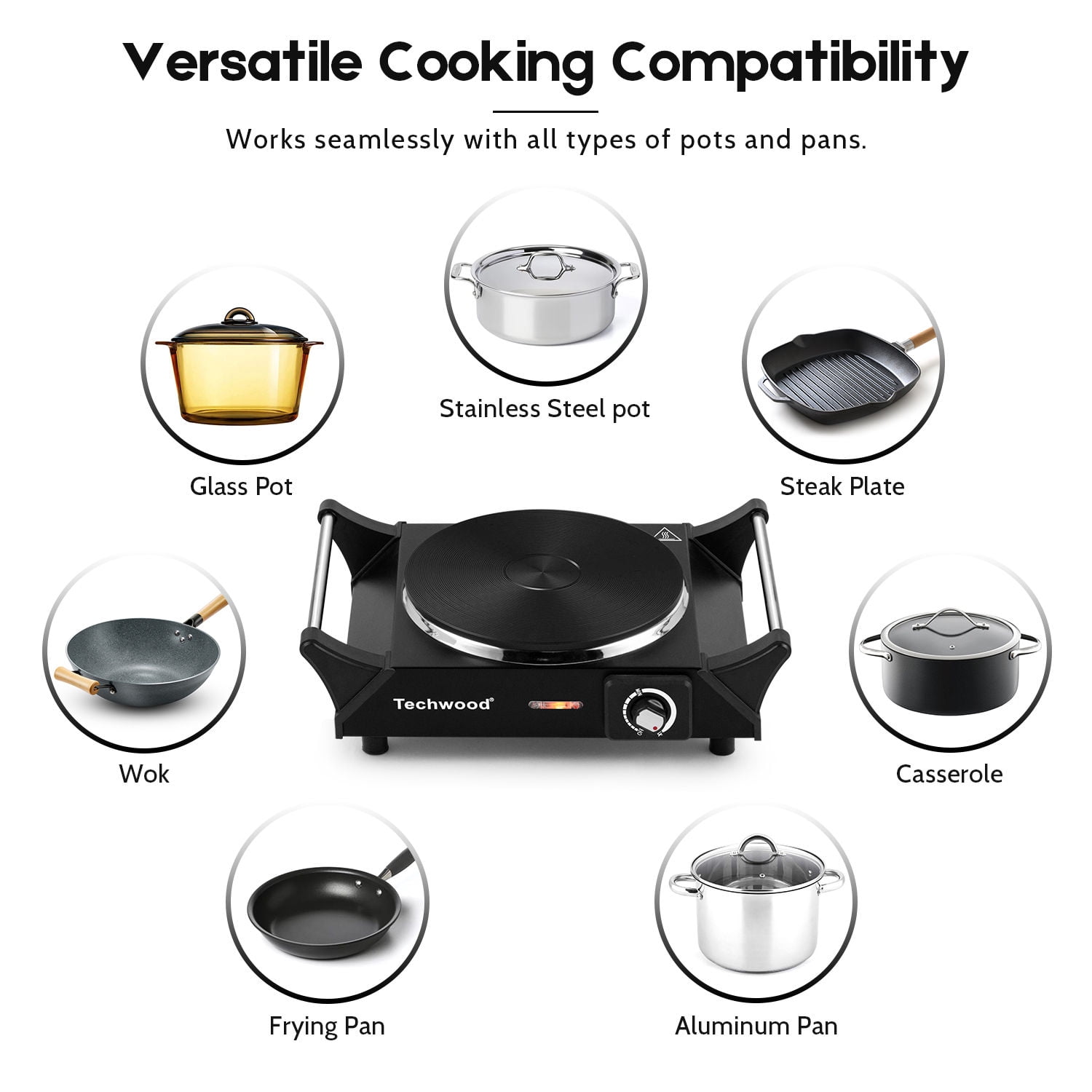 Techwood Portable Electric Cooktop Burner, 1500W, Compact, Non-slip, Stainless, Black
