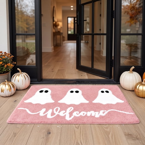 Halloween Decorations Pink Ghost Doormat 15.7x23.6 Inch Non-Slip Cute Ghost Welcome Mat with Rubber Backing for Front Door Porch Entryway Indoor Outdoor Home