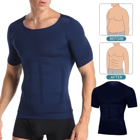 Men Body Toning T-Shirt Body Shaper Corrective Posture Shirt Slimming Belt Belly Abdomen Fat Burning Compression Corset(Royal blue,L)