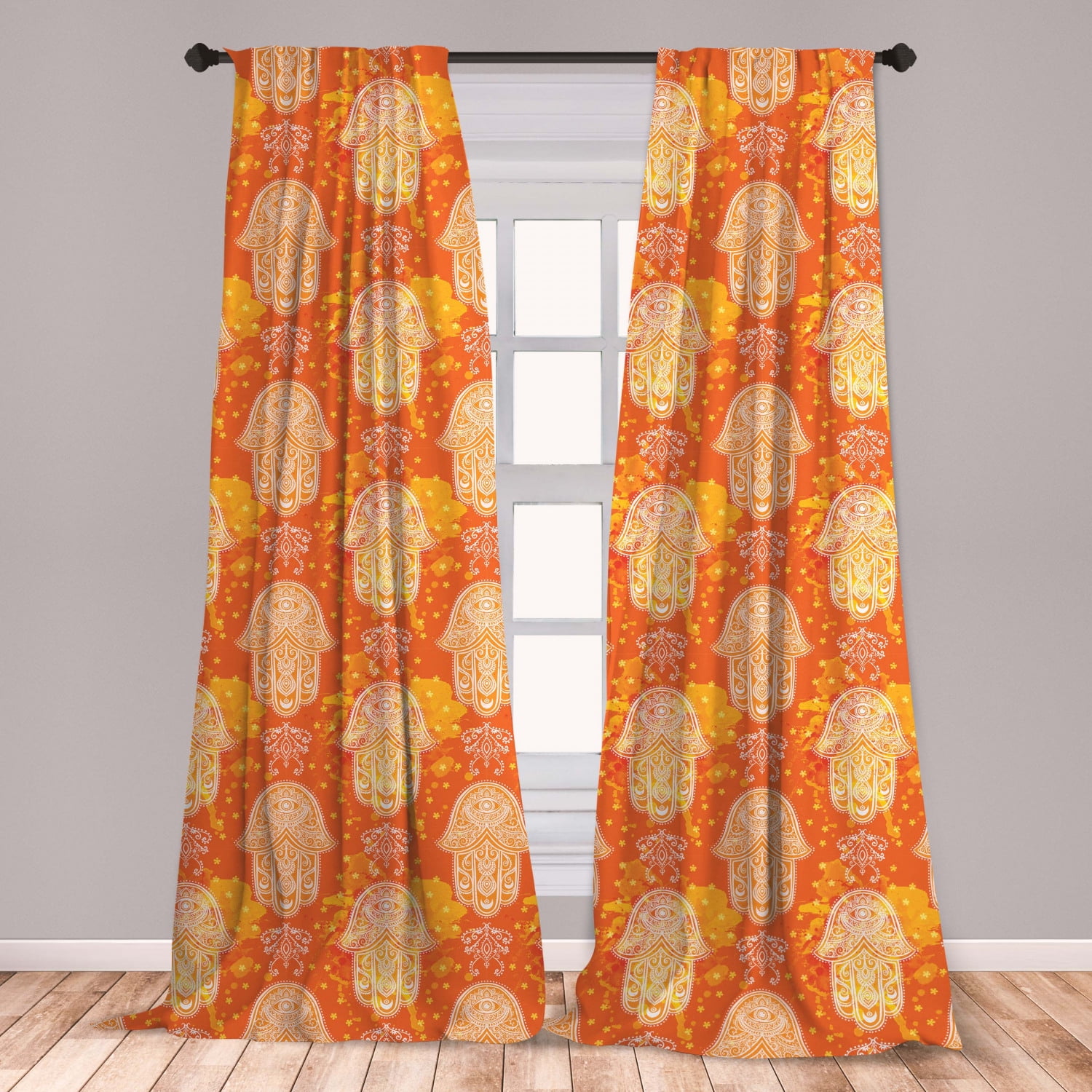 Oriental Curtains 2 Panels Set, Folk Hand Motif Mystic Hippie Oriental