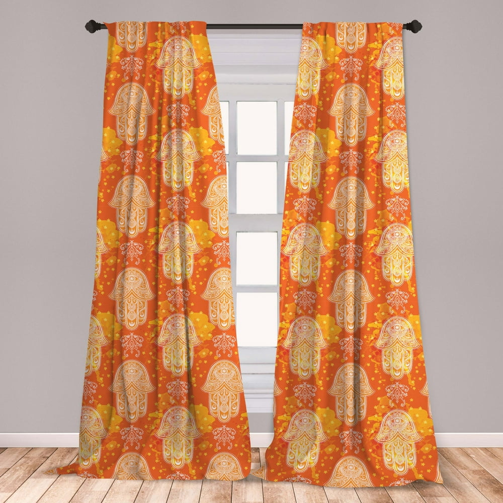 Oriental Curtains 2 Panels Set, Folk Hand Motif Mystic Hippie Oriental