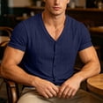 thumbnail image 3 of Klisyaur Mens V Neck Shirt Short Sleeve Button Tops Ribbed Lightweight Knit Blouse for Men Fashion Outfit, 3 of 7