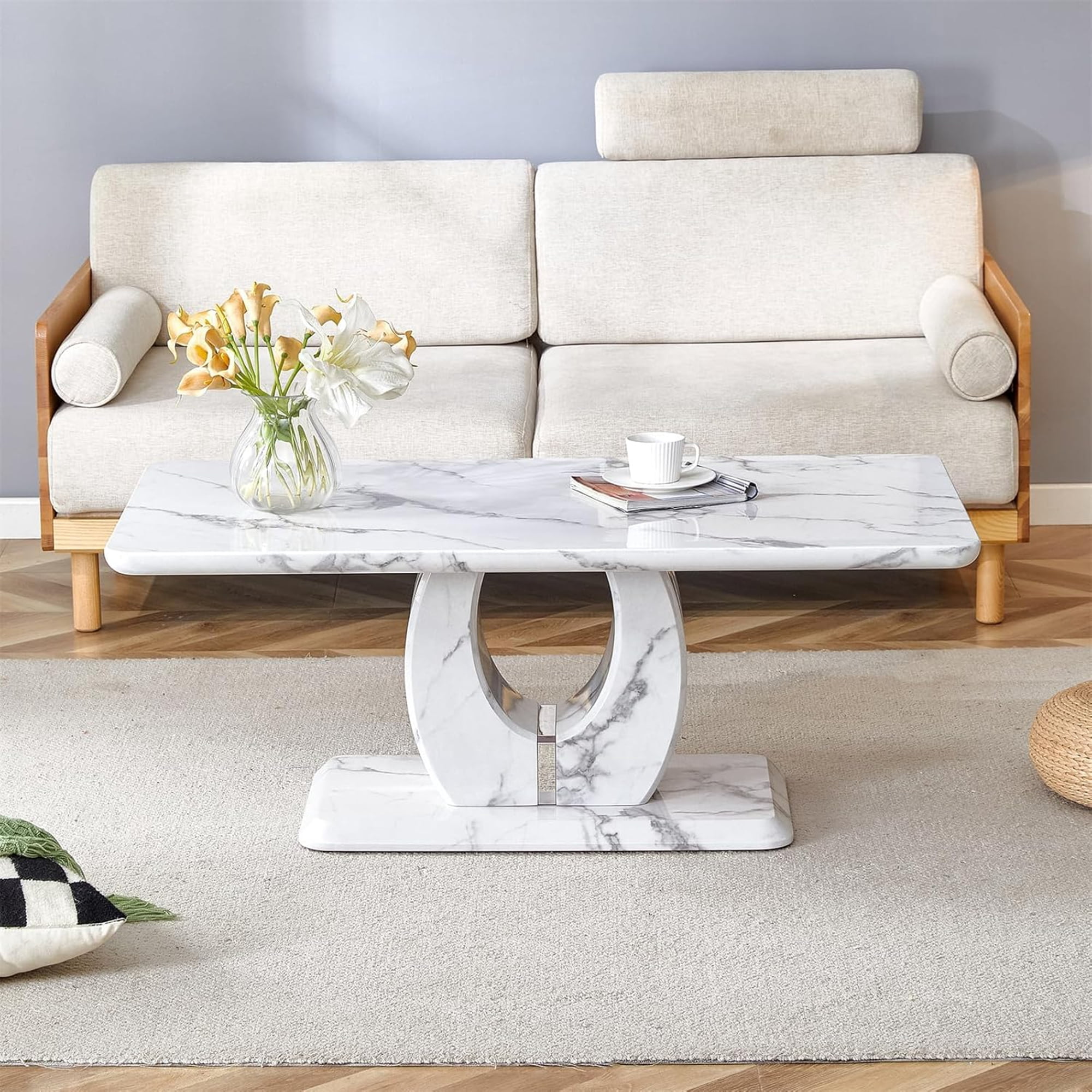 Rectangle Coffee Table for Living Room, Imitation Marble Coffee Tables with Storage, Modern Stable Base Center Tea Table for Dining Room Small Space Apartment (43.3''L×22.4''W-White)