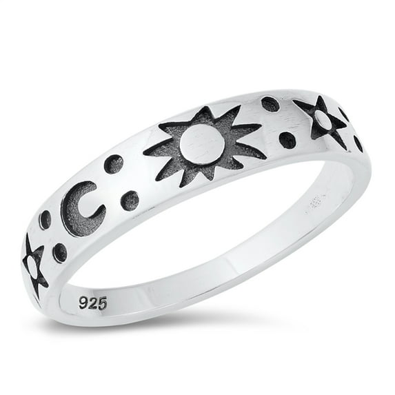 All in Stock Sterling Silver Sun and Moon Ring Size 5
