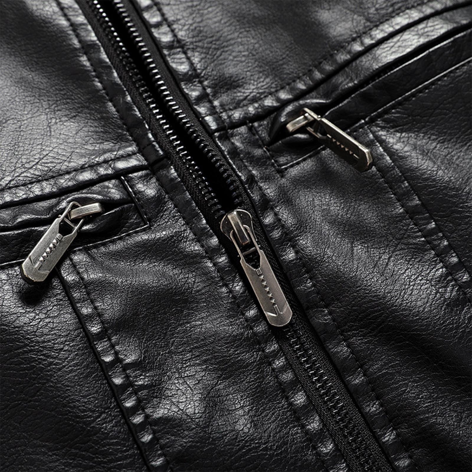 Maoxin Men Leather Jacket Men Leather Jacket Multiple Pockets Zipper Loose Coat Solid Color Long Sleeved Hooded Leatherwear Coat Leather Jackets for Men Black 3XL