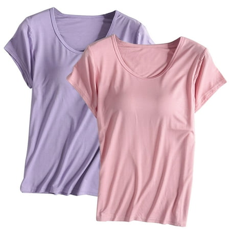 Wioihee Built-in Bra T-Shirt for Womens Padded Active Tops Short Sleeves Blouses Soft Pajama Casual Shirts for Workout Yoga Gym on Clearance Purple14 4(S)