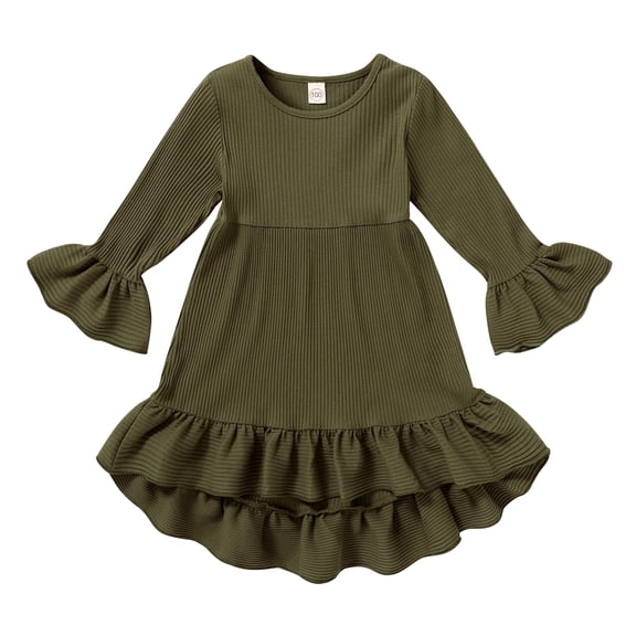 Happy Town Toddler Baby Girls Fall/Winter Clothes Solid Long Sleeve Dress Irregular Casual Dress