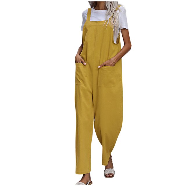 Womens Summer Cotton Linen Overalls Solid Casual Comfy Wide Leg Bib Pants Rompers Loose Lounge Jumpsuits with Pockets