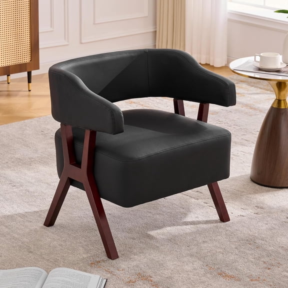 LAZZO Mid-Century Modern Accent Chair, Solid Wood Frame Leather Armchair for Living Room & Bedroom, Black