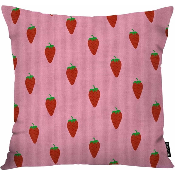 Red Strawberry Throw Pillow Cover Sweet Fruit Repeat Pattern Design Simple Nature Cotton Linen Pillowcase Cushion 18 x 18 Inch for Sofa, Bed, Car Decor
