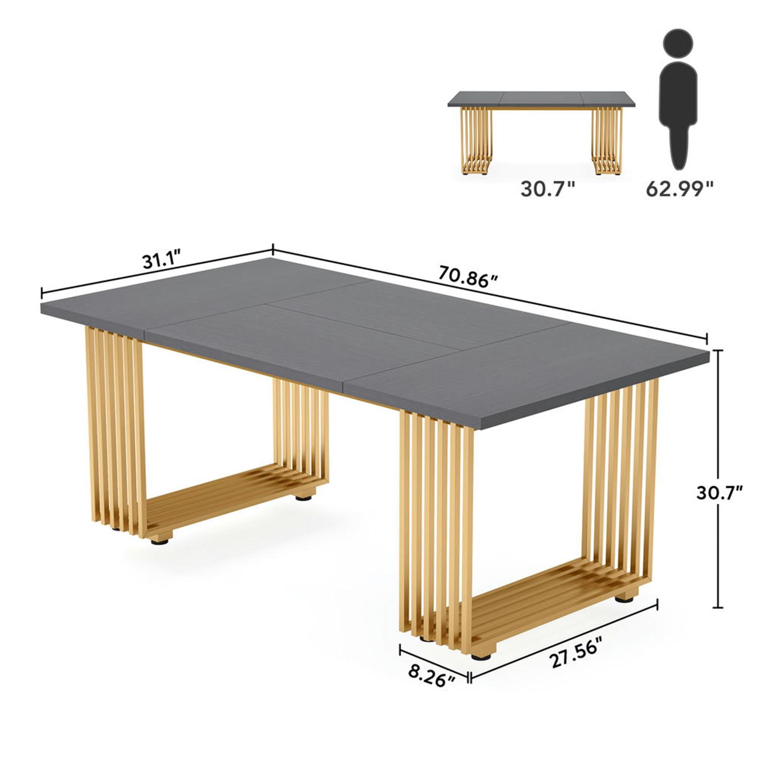 Demi Bonn 70" Executive Computer Desk with Metal Frame, Modern Duty Study Writing Gaming Table for Home Office, Rectangle Conference Table, Gray