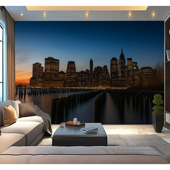 Peel and Stick Wallpaper Waterproof New York from Brooklyn sunset dark sky buildings lights Wall Mural Decor Self Adhesive and Removable 100in x 144in