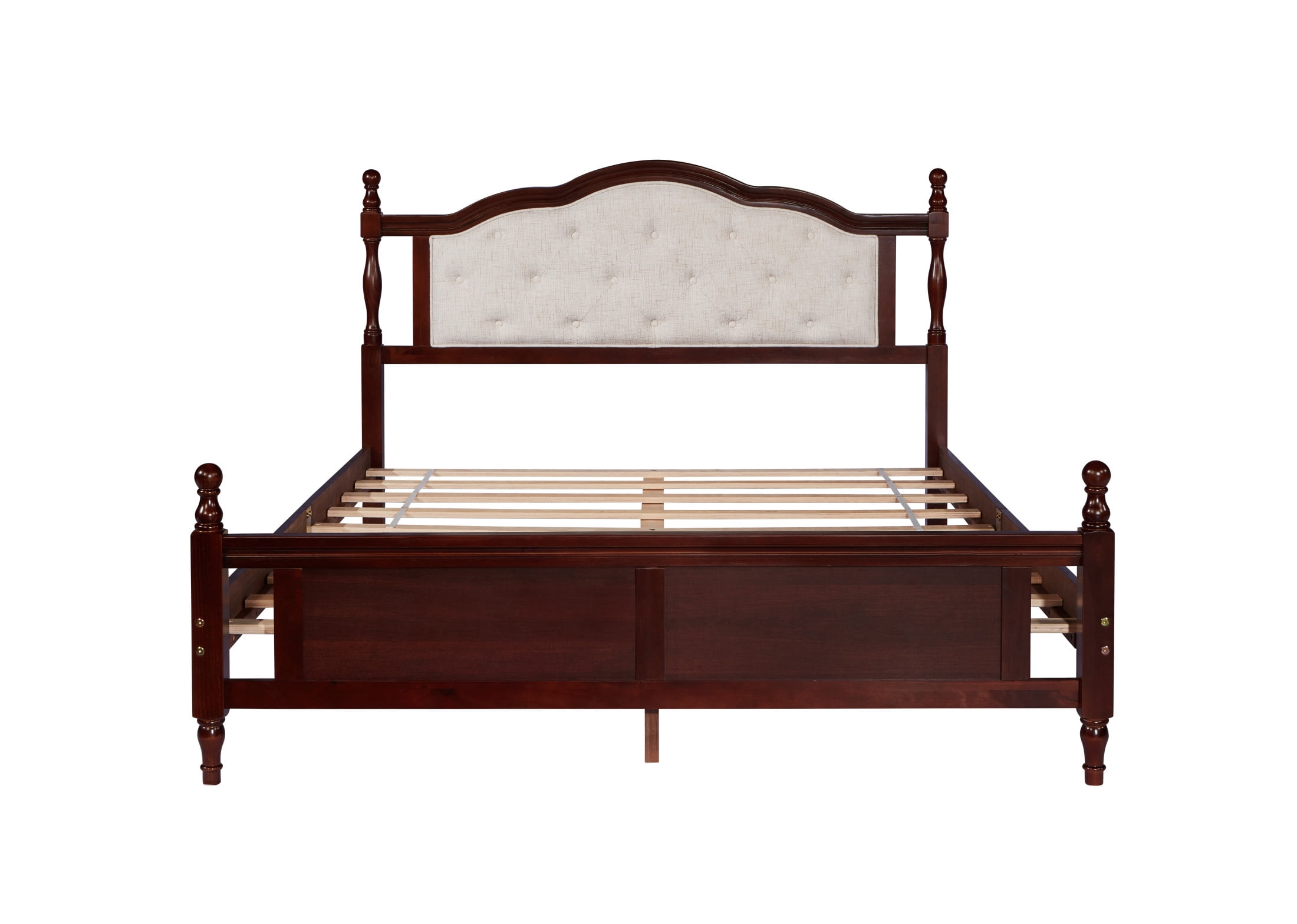 Noble House Japal Queen Bed with Upholstered Headboard, Pine Wood Frame with Central Support, Classic Cherry