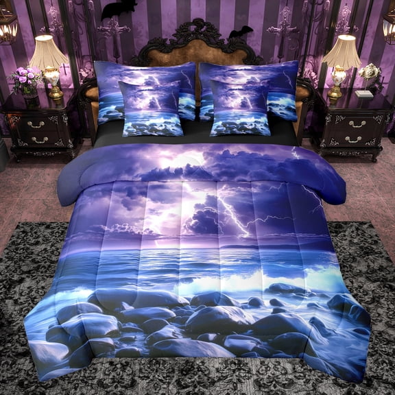Homewish Female Men Women Abstract Gradient Lightning Twin Bedding Sets 7-Piece,Natural Disaster Bedding Comforter Set Microfiber,Ocean Beach Breathable Sheet Sets,Breathable Home Decor