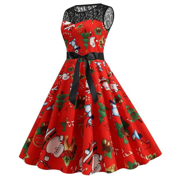 Moda mujer encaje una línea Flare vestido Vintage Prom Swing sin mangas estampado Navidad vestido de fiesta de Navidad Fridja hjkh475