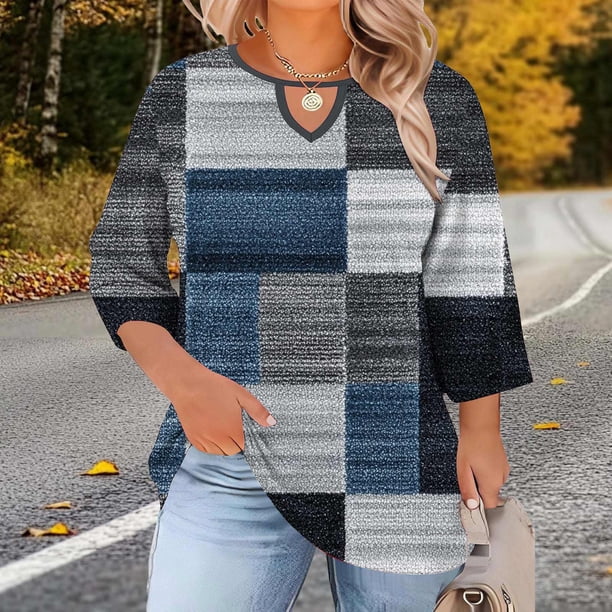 TaTaai Women's Plus Size Printed T-Shirt Round Neck 3/4 Sleeve Chest Hollow-out Design Loose Fit Casual Spring Summer Layering Top Gift