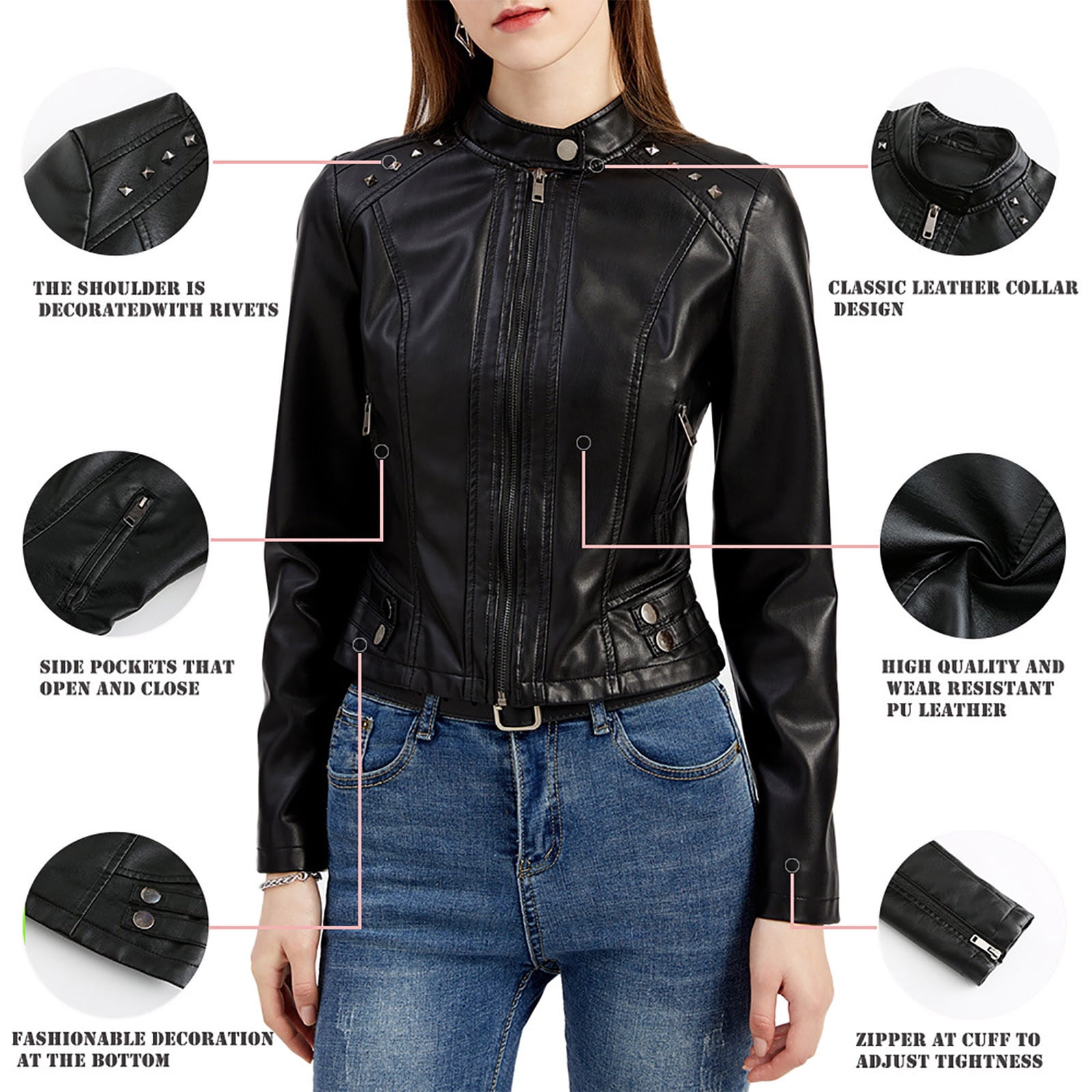 Simua Women's Faux Leather Jackets, Zip Up Motorcycle Short PU Moto Biker Outwear Fitted Slim Coat