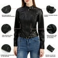thumbnail image 7 of IROINNID Women's Faux Leather Jacket Stand Collar Solid Color Long Sleeve Comfy Slim Stand Zip Motorcycle Suit Belt Coat Jacket Tops, Black, 7 of 7