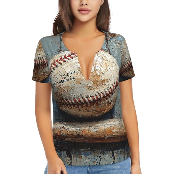 Women Short Sleeve Deep V Neck Tops T-Shirts Summer Tees, Baseball