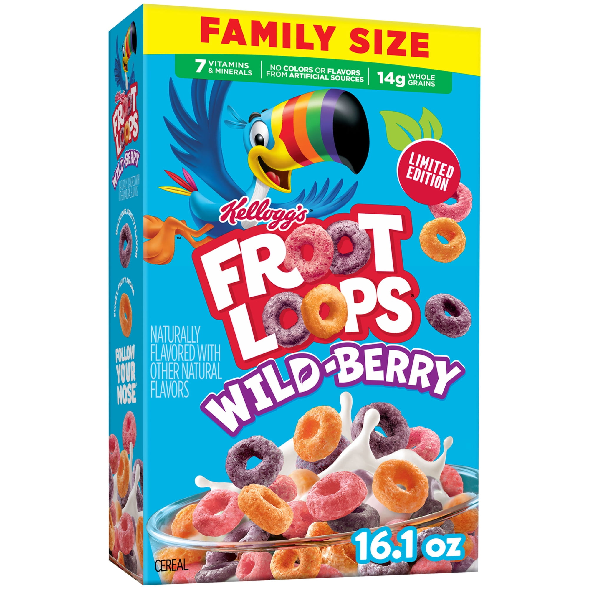 Kellogg's Froot Loops Wild-Berry Breakfast Cereal, 7 Vitamins and Minerals, Family Size, 16.1 oz