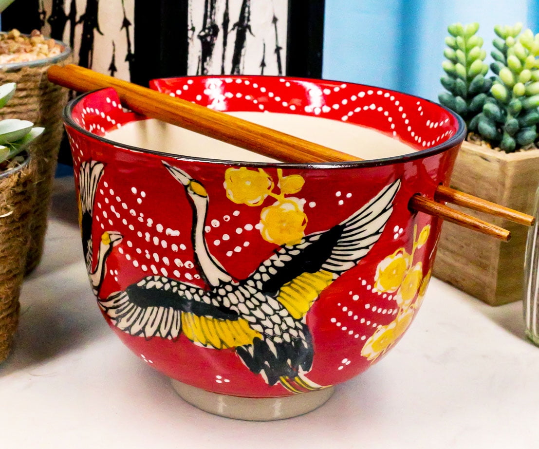 Red Sky Flying Crane Bird Ramen Noodles 5'D Soup Rice Bowl With Chopsticks Set