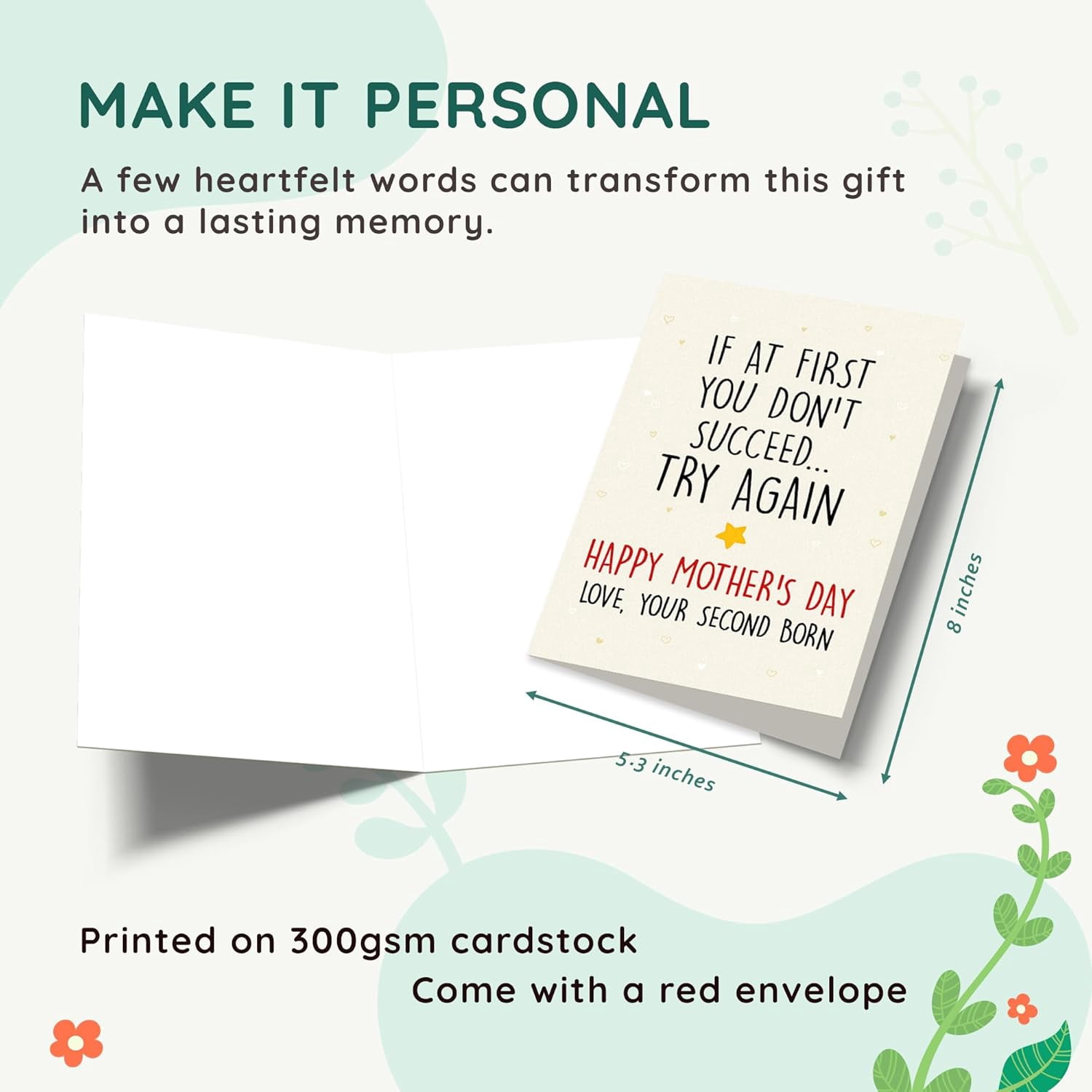 Funny Mothers Day Cards for Mom from Daughter, Son, Kids, Toddler, Second Born Child - Funny If At First You Don't Succeed Mothers Day Card for Mom, Mum, Mother - 5.3''x 8'' Mother's Card