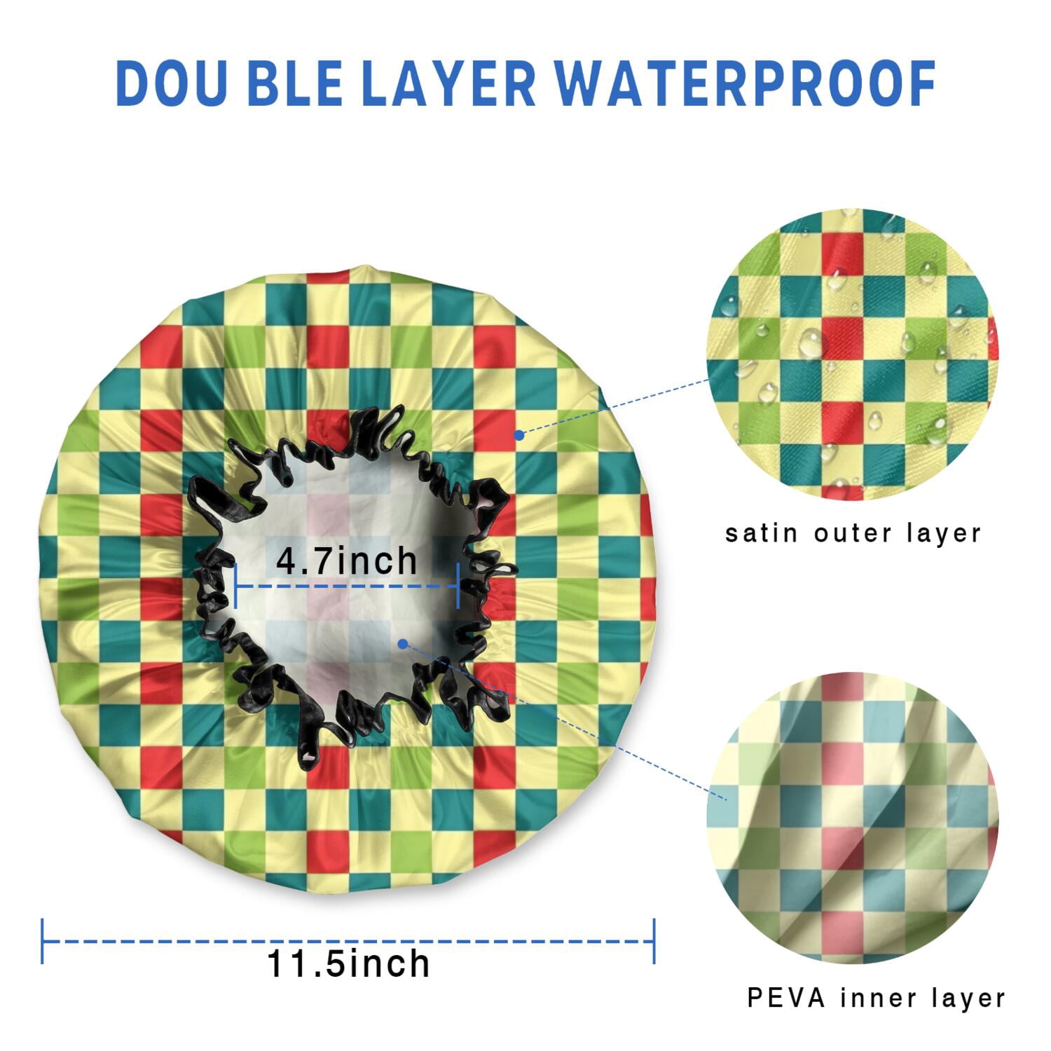 Shower Caps,Multi Color Checkerboard Checkered Pattern Waterproof Shower Cap for Women 4 Pieces,Double Reusable Hair Cover for Shower PEVA Elastic Stretch Hem