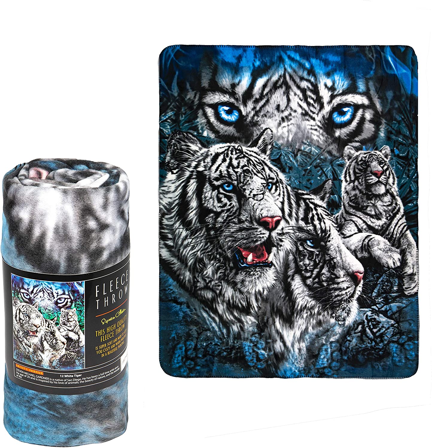 JPI Fleece Throw Blanket 12 White Tigers Lightweight Faux Fur