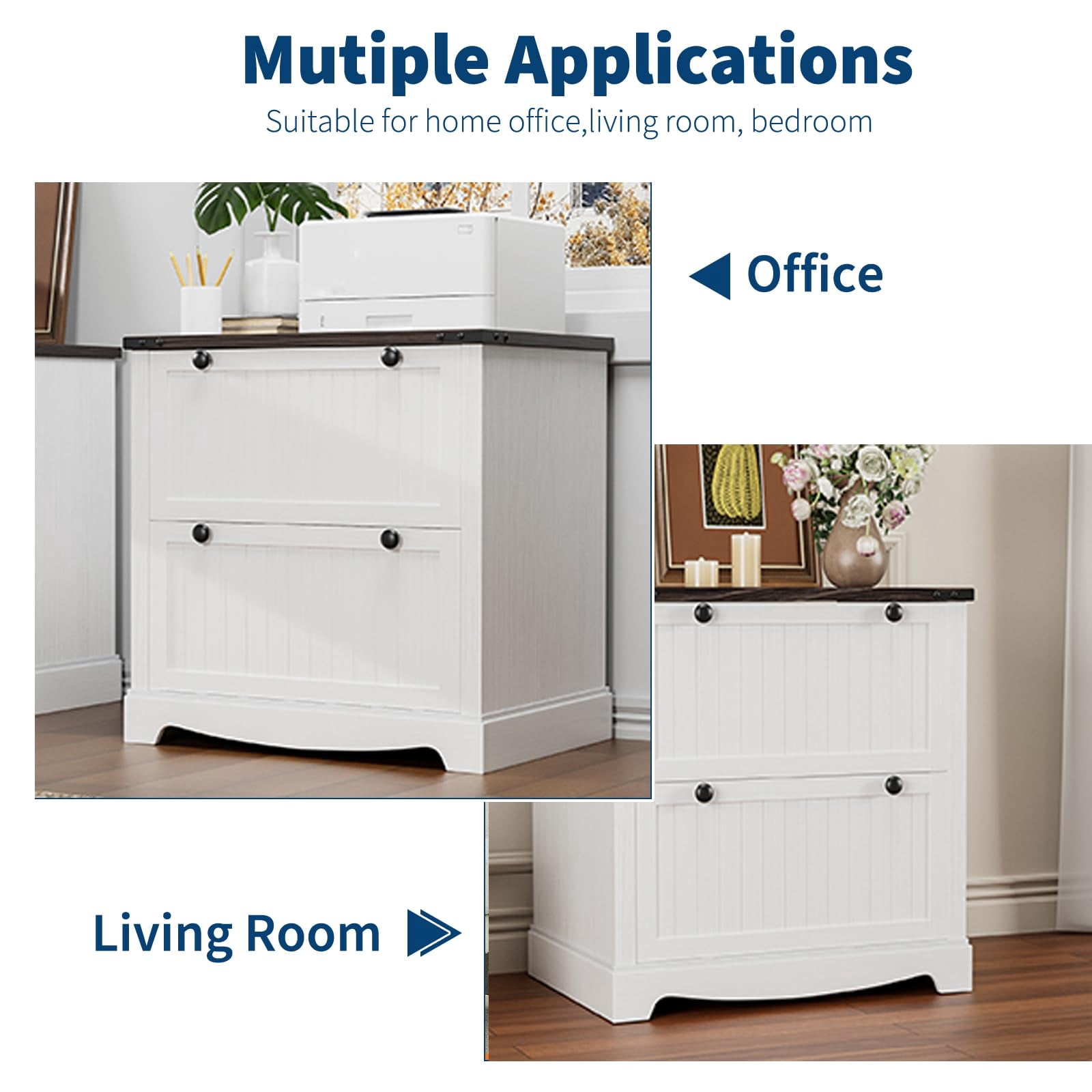 30" Rustic Wood Lateral File Cabinet with 2 Drawers, Hanging File Folders for A4/Letter/Legal Documents, Farmhouse-Style Storage Organizer for Home Office, Living Room Workspace, White