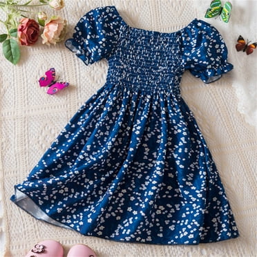 Spazoro Toddler Girls Mesh Dresses, Fashion Round Neck Puff Sleeve Floral Print Princess Dress for Child Girls Navy Size 3 T