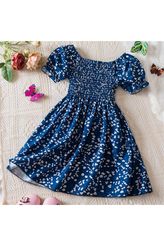 Toddler Girls Mesh Dresses, Fashion Floral Print Round Neck Puff Sleeve Princess Dress for Child Girls Navy Size 5 T