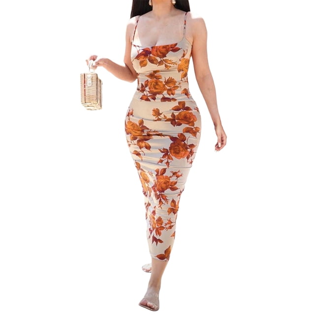 VISgogo Vestido sin mangas para mujer, estampado de flores, sin mangas, correa de espagueti, corte bajo, traje de verano de una pieza, S/M/L VISgogo moda
