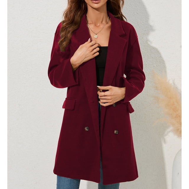 Abrigo De Cuello Con Muescas, Elegante Abrigo De Doble Botonadura Con Bolsillo Con Solapa De Color Puro Para Fiestas ANGGREK Rojo XXL