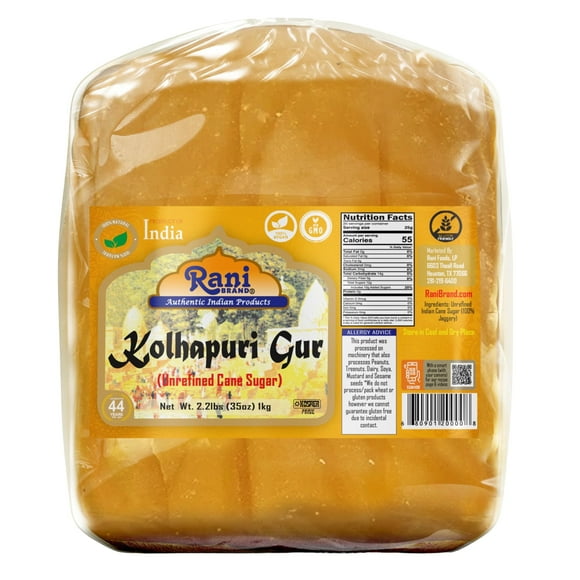 Rani Kolhapuri Gur (Jaggery) 1kg (2.2lbs) - Sucre de Canne Brut Non Raffiné Indien, Aucune Couleur Ajoutée, Compatible avec le Sans Gluten / Végétalien / non-OGM / Casher / Sans Sel Ni Agents de Remplissage