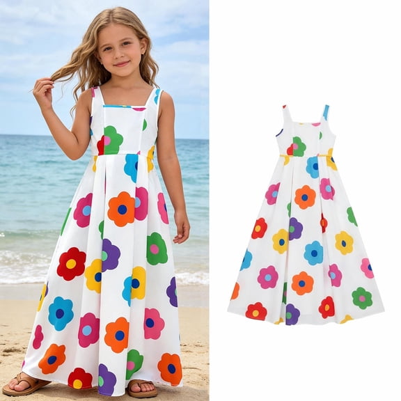 Girls Cute Summer Dresses Floral Print Sleeveless A-Line Dresses Girls Beach Dresses Girls Dress Size 9-10 Years