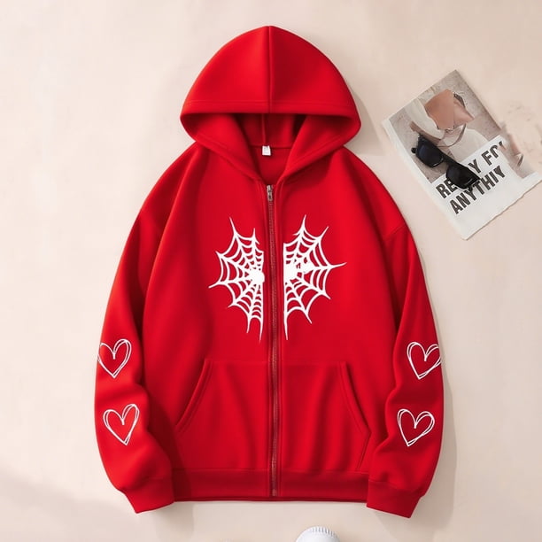 Ailaofu Womens Spider Web Graphic Zip Up Hoodie Oversized Goth Harajuku Jacket Y2k Grunge Aesthetic Streetwear Sweatshirt