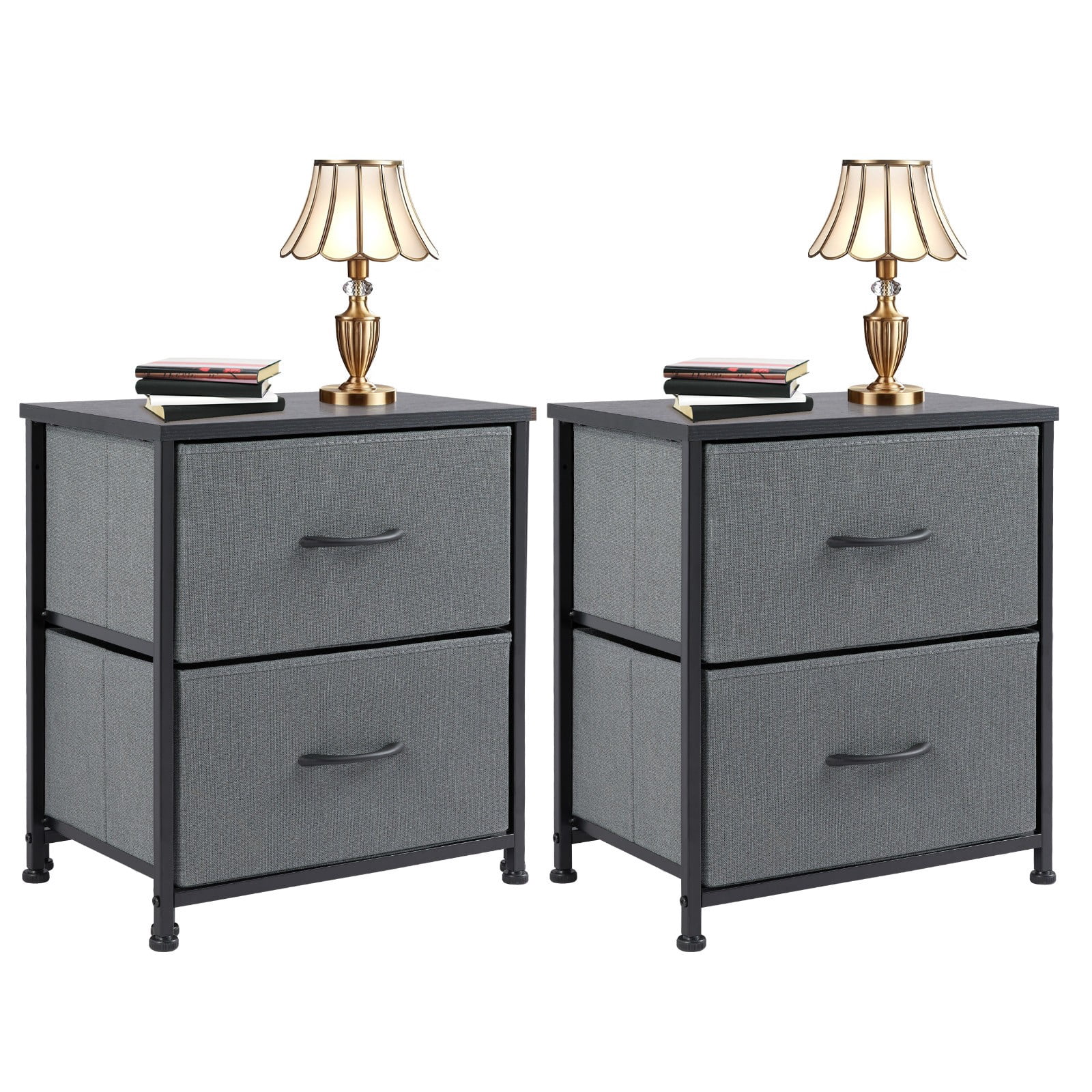 Telyra Nightstands Set of 2 20" Fabric Bedside Tables with 2-Drawer Wood Tops and Steel Frames Small Storage Organizers, Gray