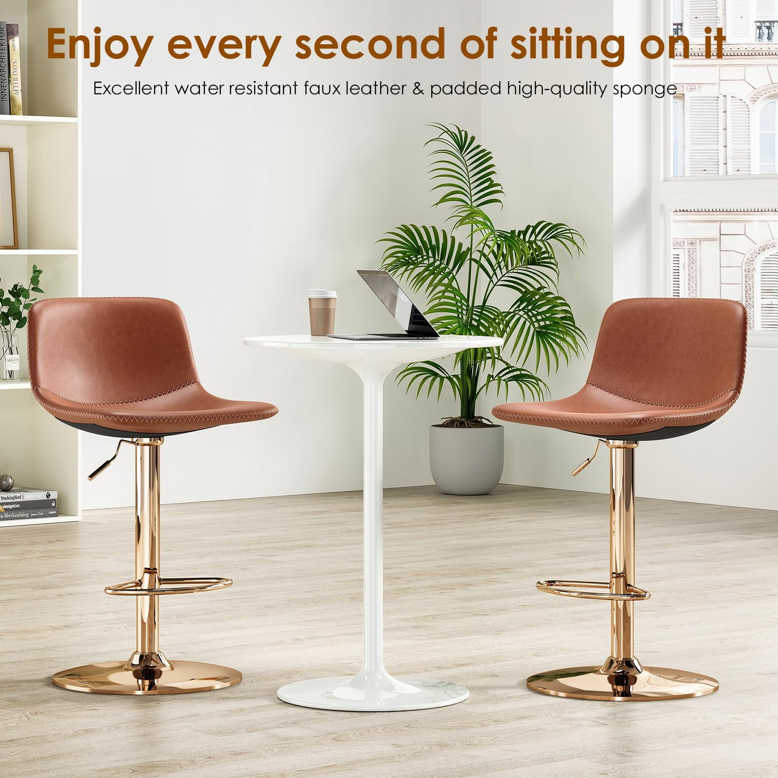 STARY Adjustable Bar Stools Set of 2, Modern Swivel Bar Stools, Bar Height Stools with Back Support, Pu Leather Bar Stool for Kitchen Island Counter