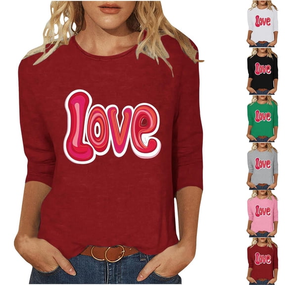 Qetyuw Womens 3/4 Sleeve T Shirts Funny Love Letter Printed Tshirt Casual Lightweight Crew Neck Tees Comfy Plus Size Tee Shirt