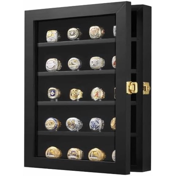Solid Wood Championship Ring Display Case, 20 Cones Baseball Ring Display Case, Large Wall Mount Wooden Shadow Box with Locks to Show Award,Sport, Class, Fraternity, and Various Rings (Black)