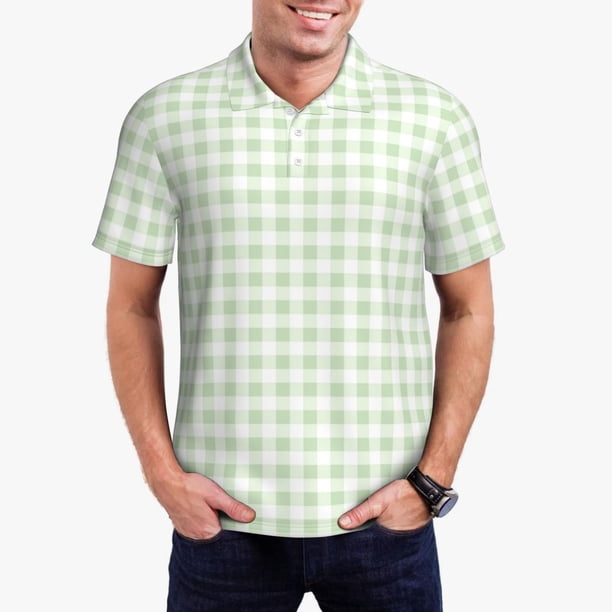 Fotbe Pistachio Green Checkboard Camiseta Polo de Golf para Hombre con Estampado – Camisa Deportiva Transpirable con Cuello Abotonado-Large