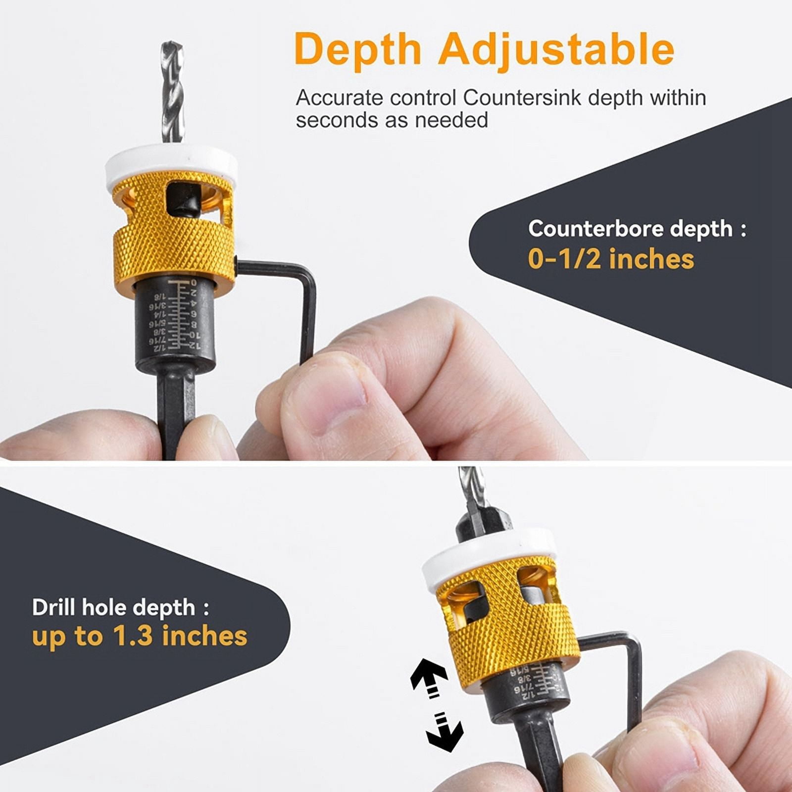 5 Pcs Countersink Drill Bit Set: Replaceable HSS M2 Tapered Bits - 82° Counter Bore with Adjustable Depth Stop